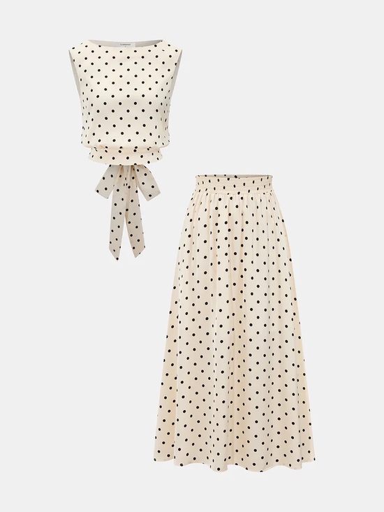 Commense Dresses & Skirts - Commense Cream & Black Polka Dot Maxi Skirt Set with Tie-Front Top